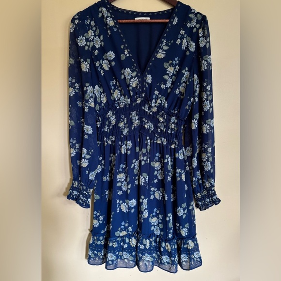 Max Studio Dresses & Skirts - Max Studio| Boho Royal Blue Floral Long Sleeve Gathered Ruffled Dress Sz M